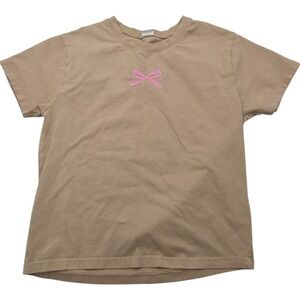 Vibe N Juniors Tan Cotton Blend Short Sleeve T-Shirt Pink Embroidered Bow Large